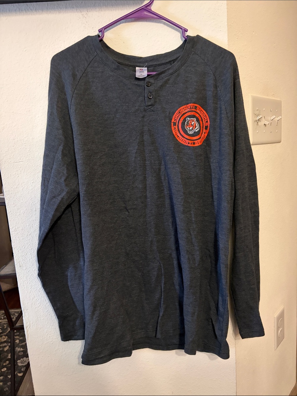 Charcoal Long Sleeve Henley with Orange Crest